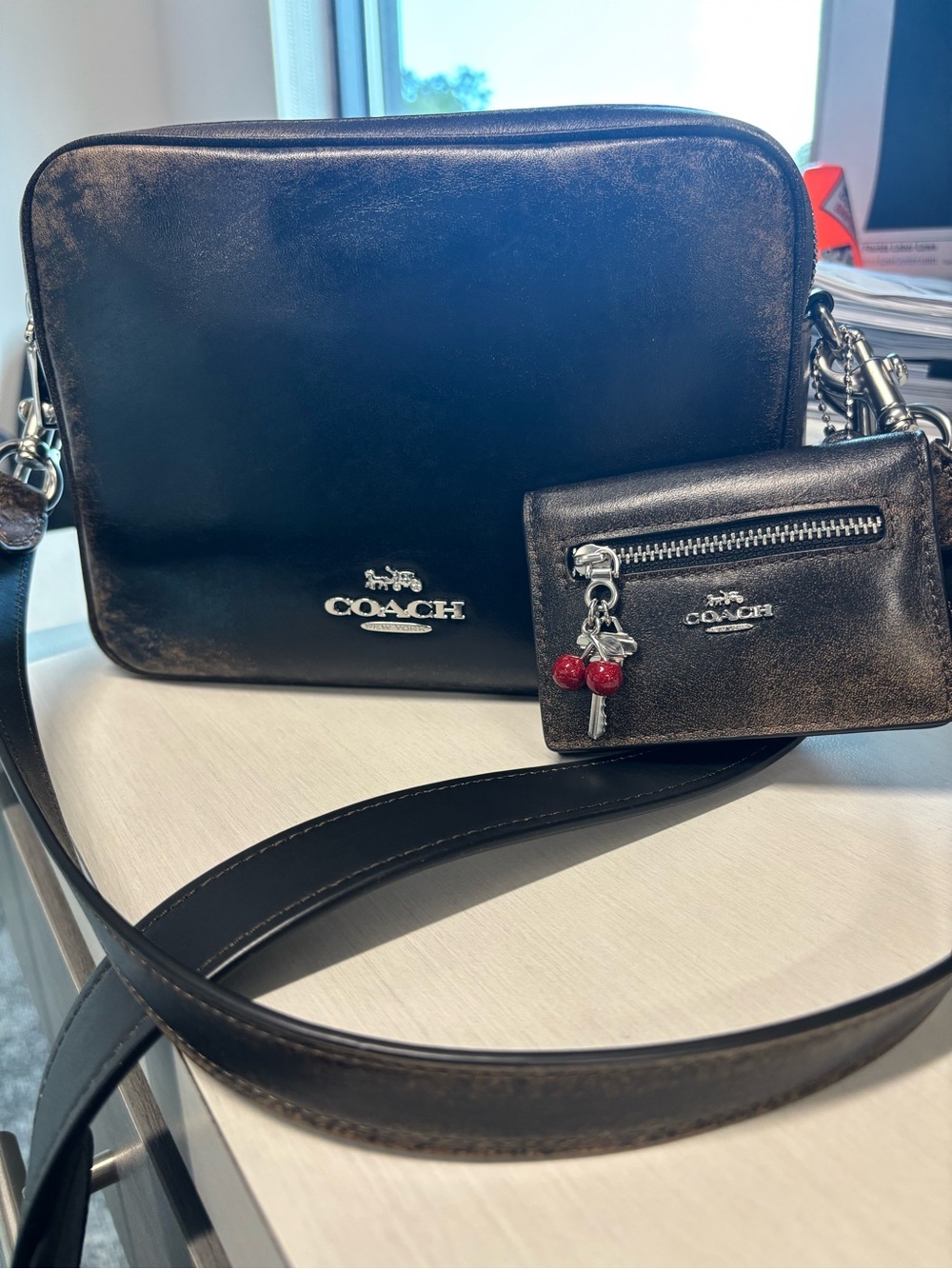 COACH Loved Leather MEDIUM Carey Crossbody Bag with Matching Wallet Card Case
